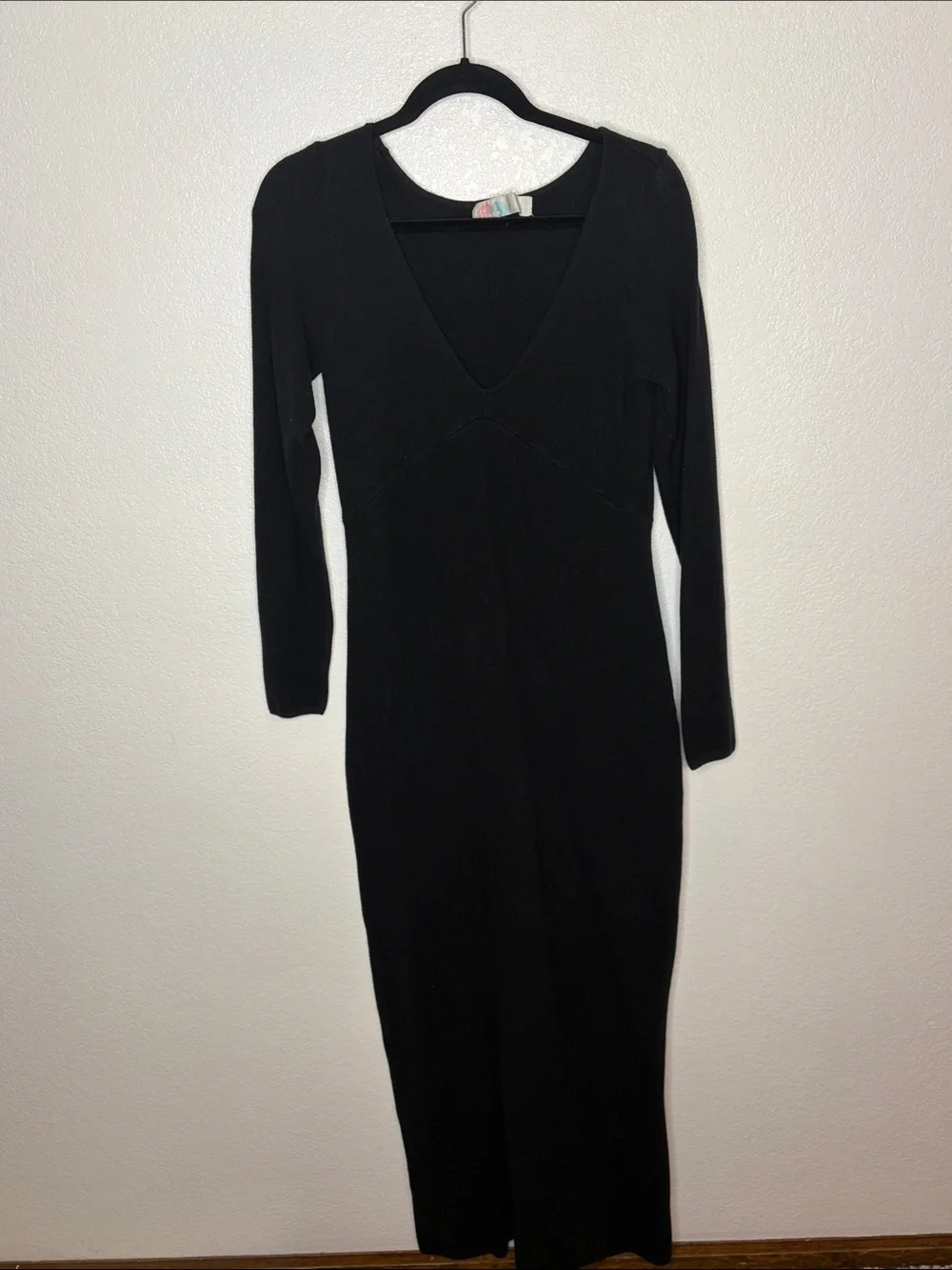 Free People Beach Black Ribbed Deep V Long Sleeve Maxi Dress Size Large